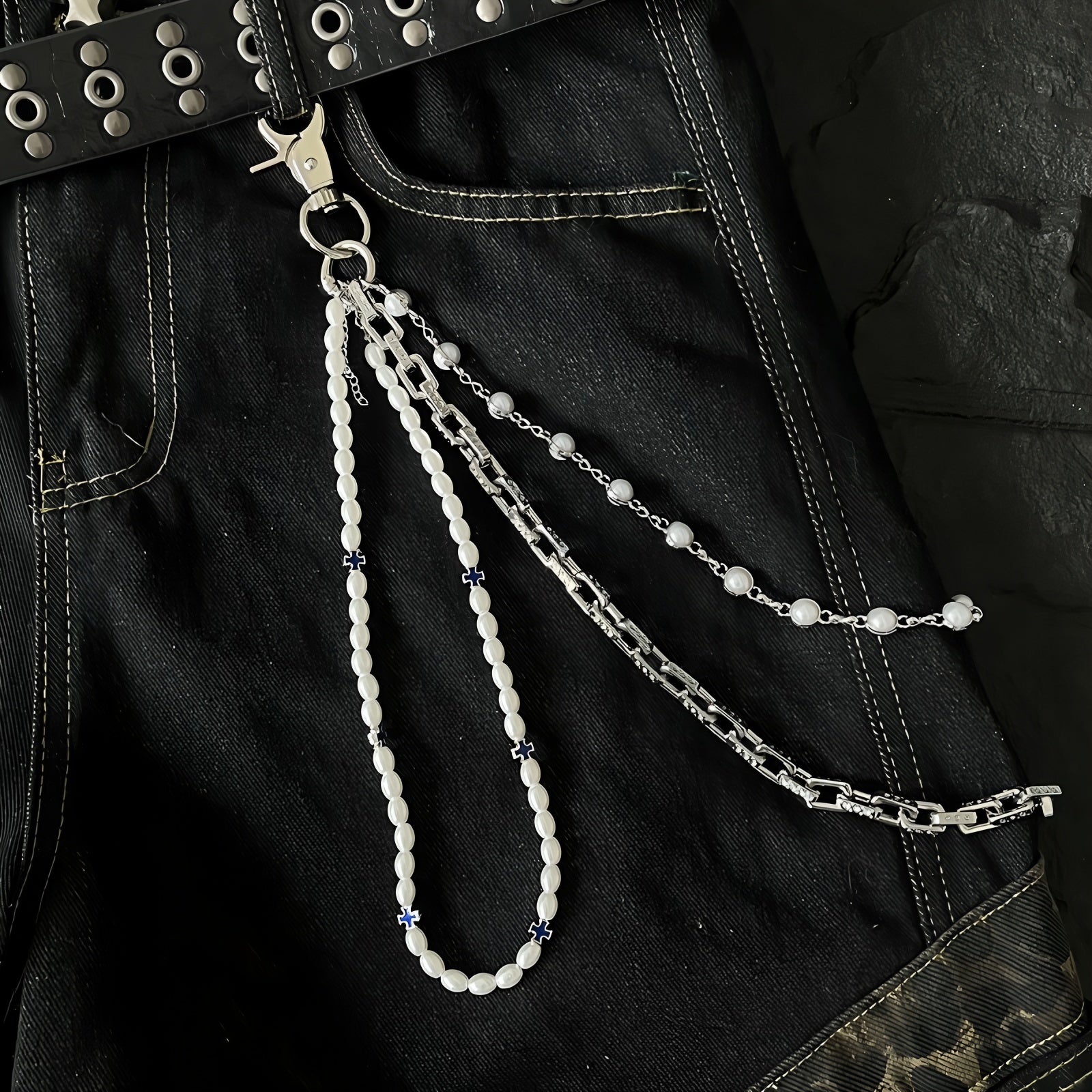 Double-strand pearl belt chain pants