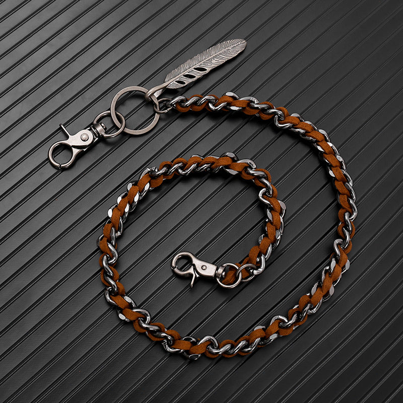 Feather leather patchwork trouser chain