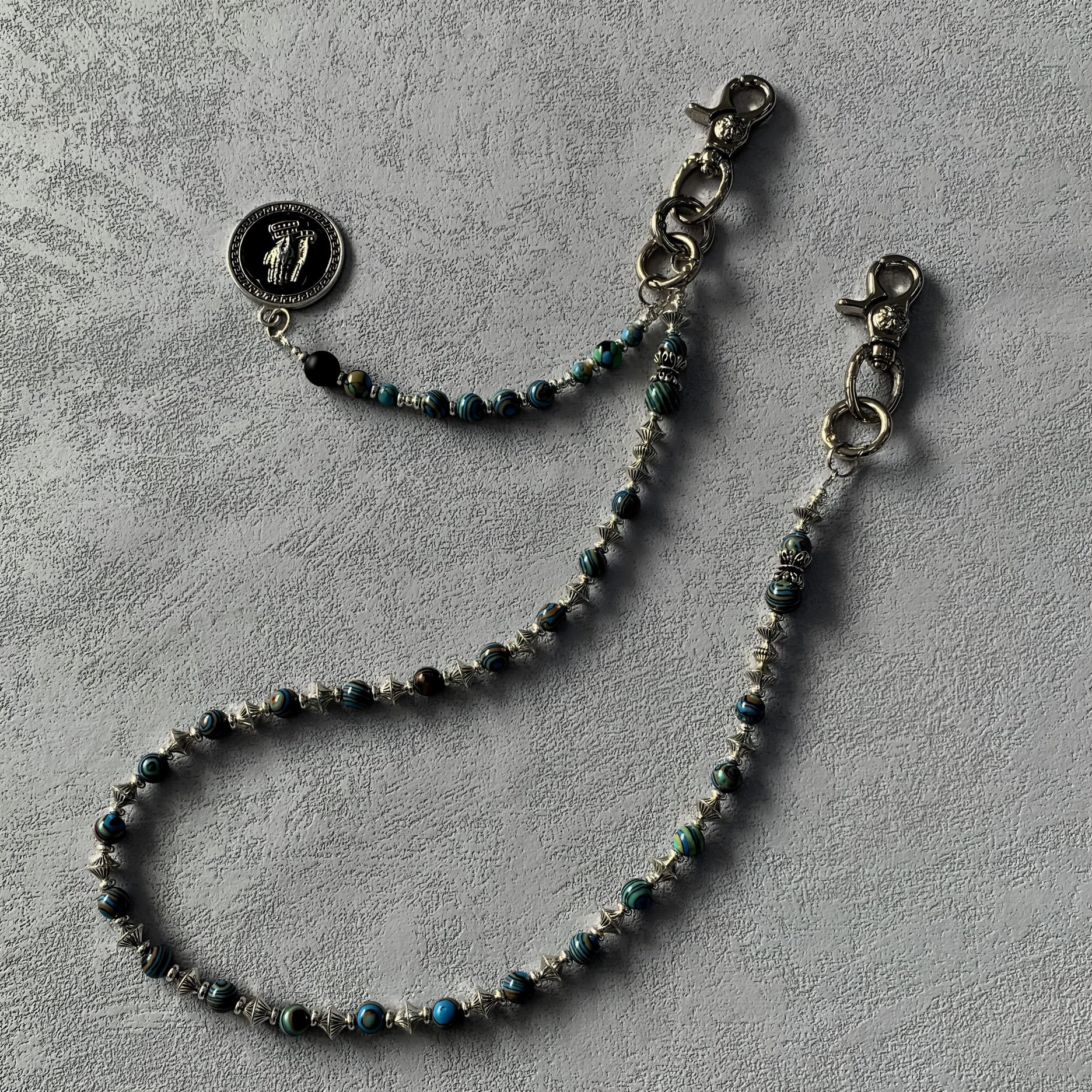 Turquoise, black and silver hand-stitched trouser chain