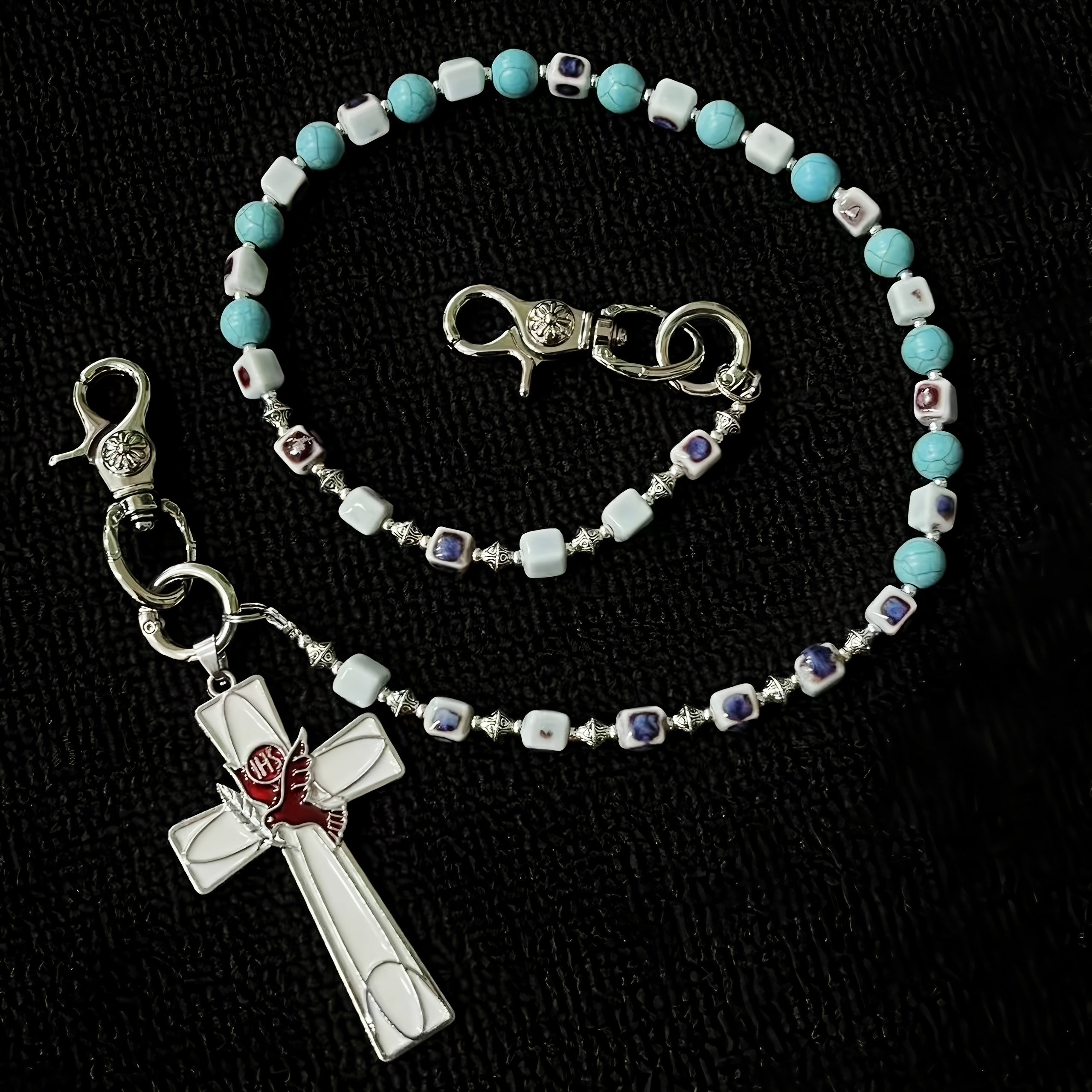 Blue ceramic blue eye cross bead pants chain