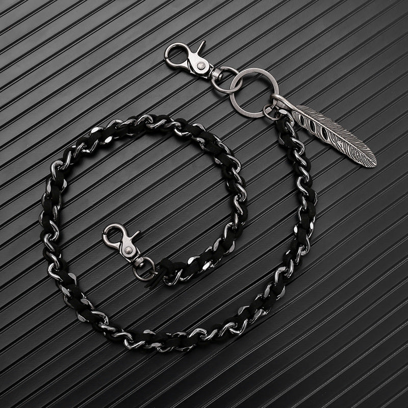 Feather leather patchwork trouser chain