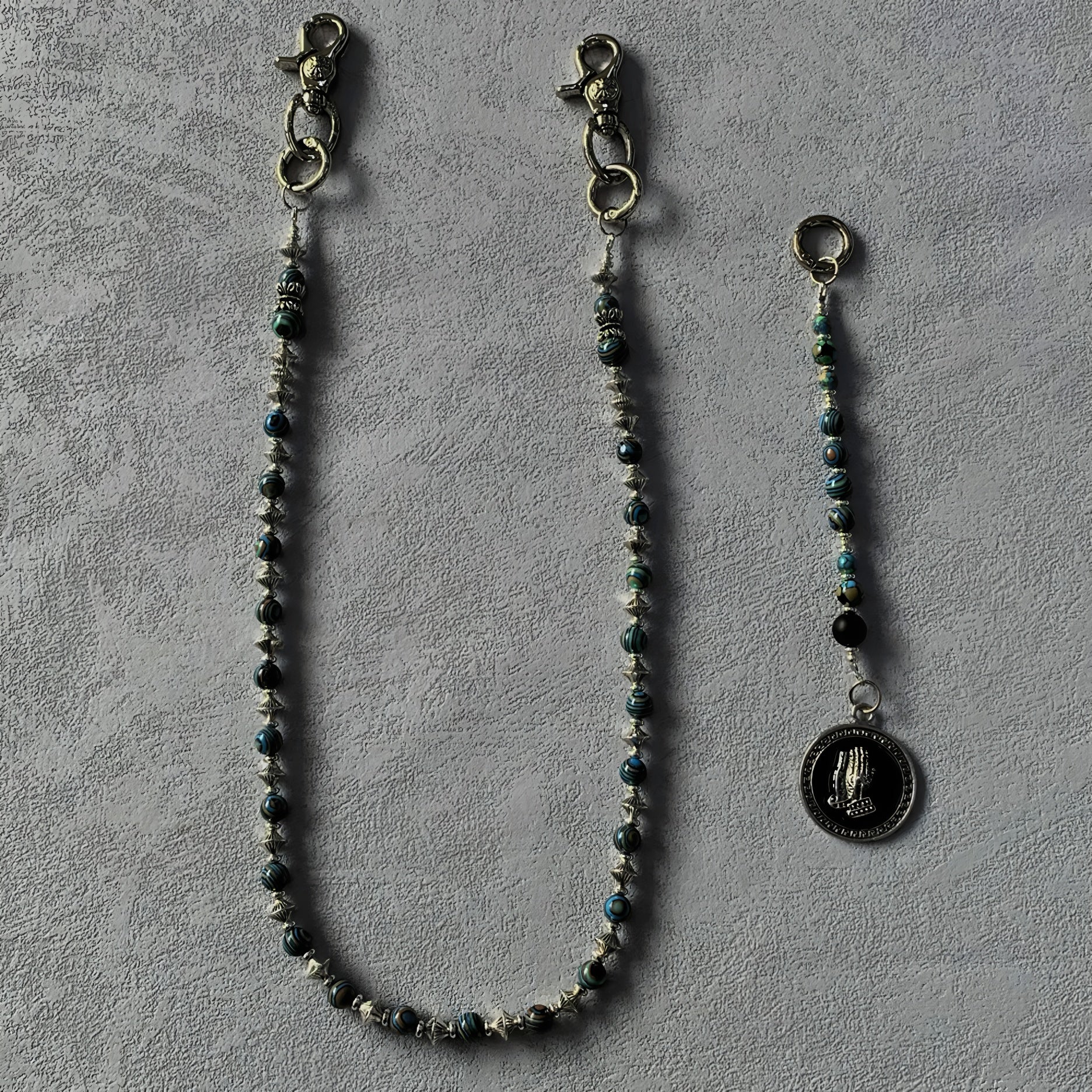 Turquoise, black and silver hand-stitched trouser chain