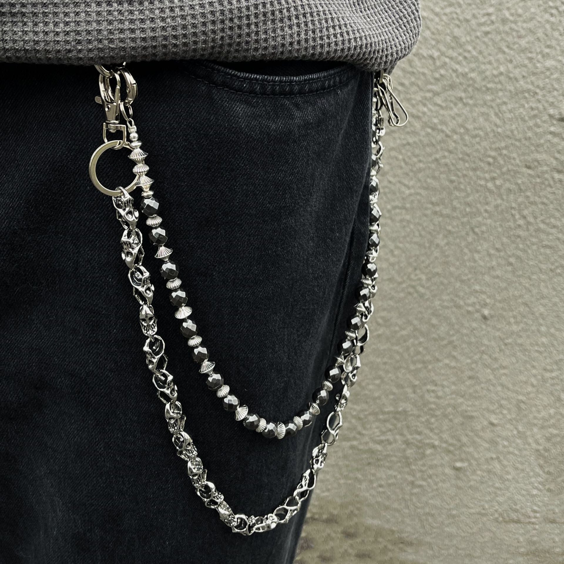 Double-chain skull beaded trouser chain