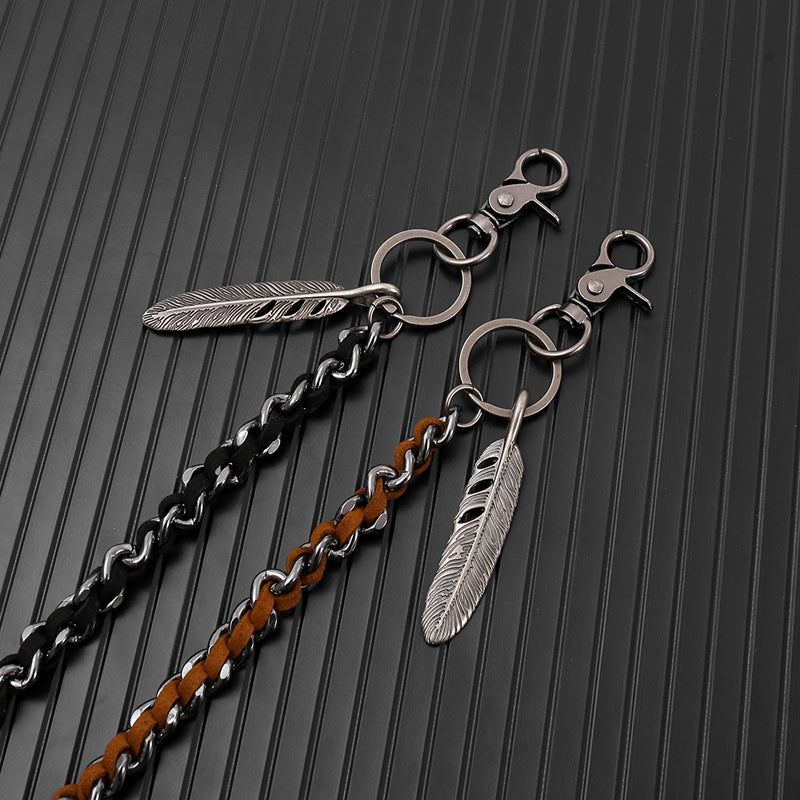Feather leather patchwork trouser chain