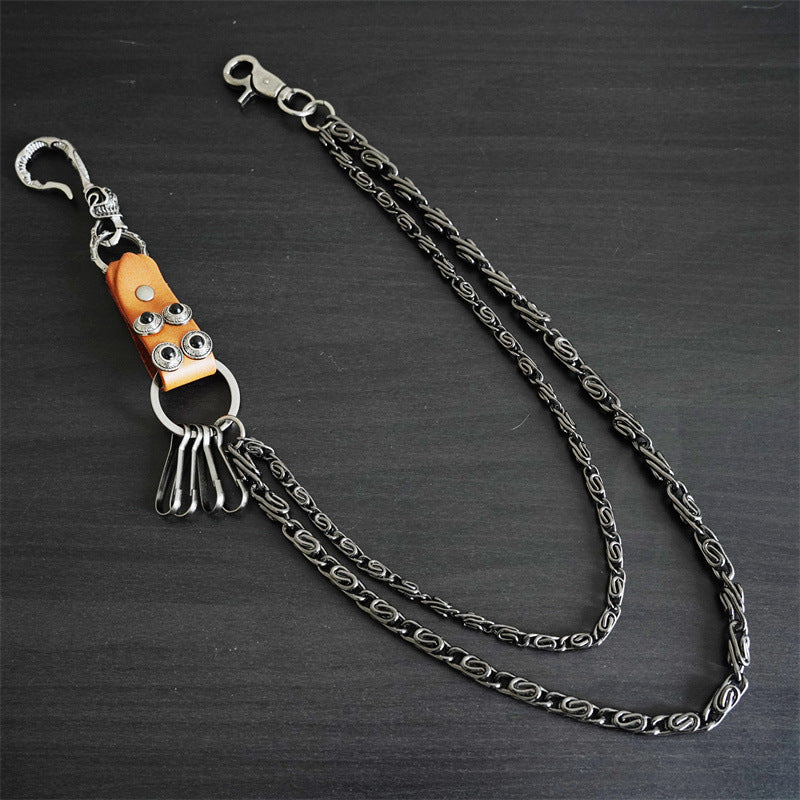 American retro genuine leather patchwork trouser chain