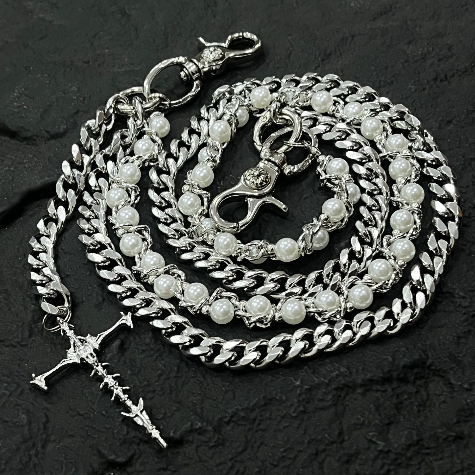 Three-chain personality street style pearl pants chain