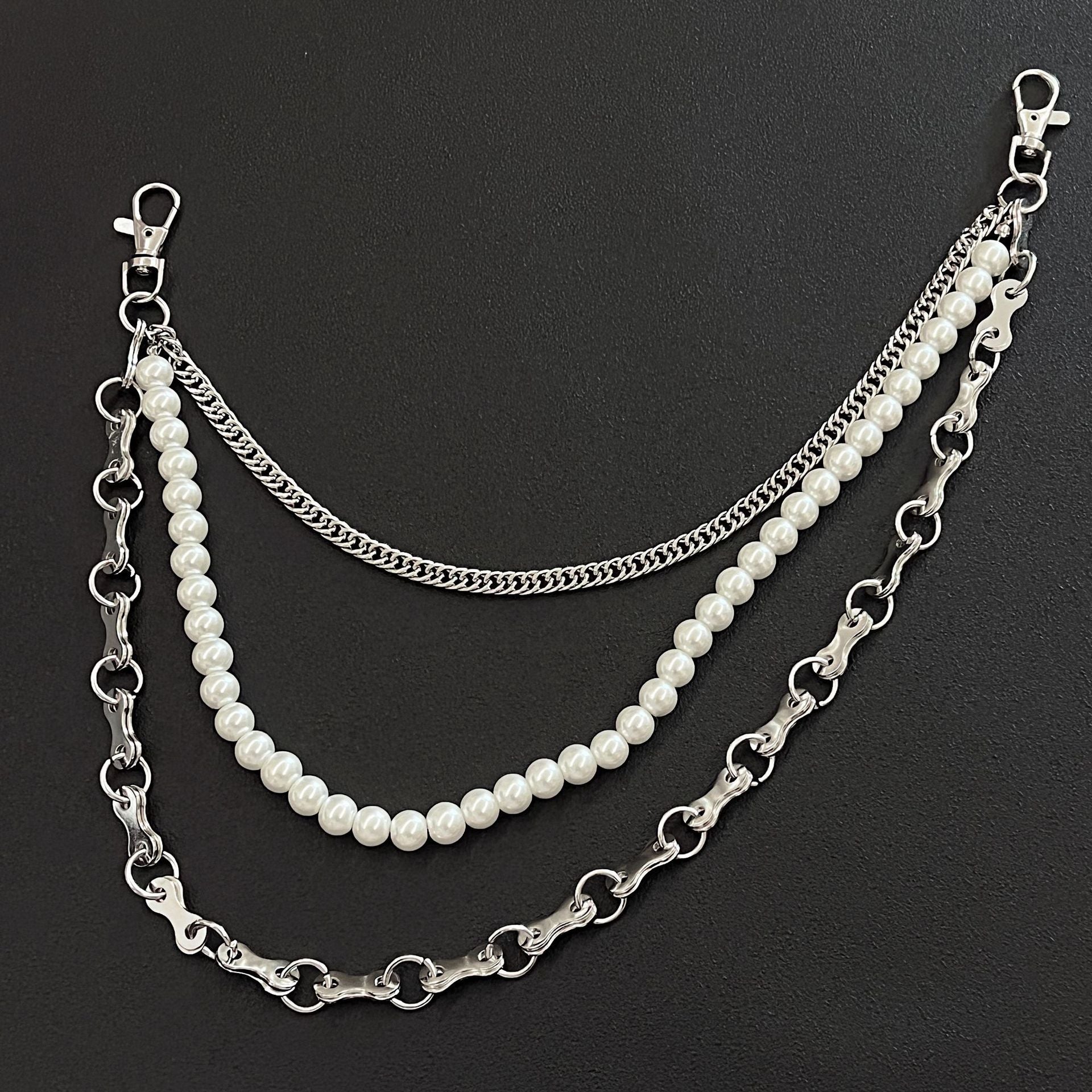 Three-strand pearl-decorated denim waist necklace