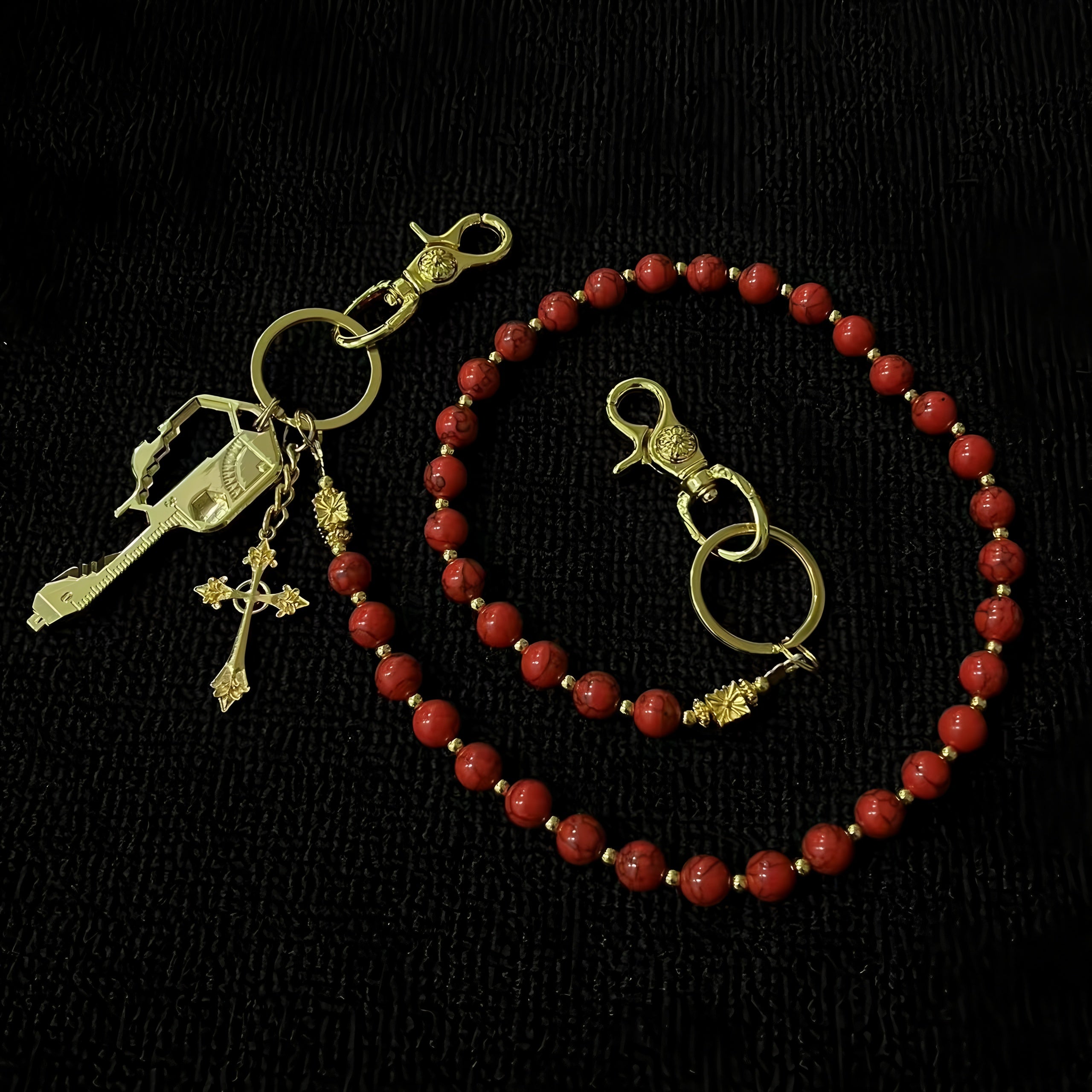 Blue and red turquoise hand-beaded pants chain