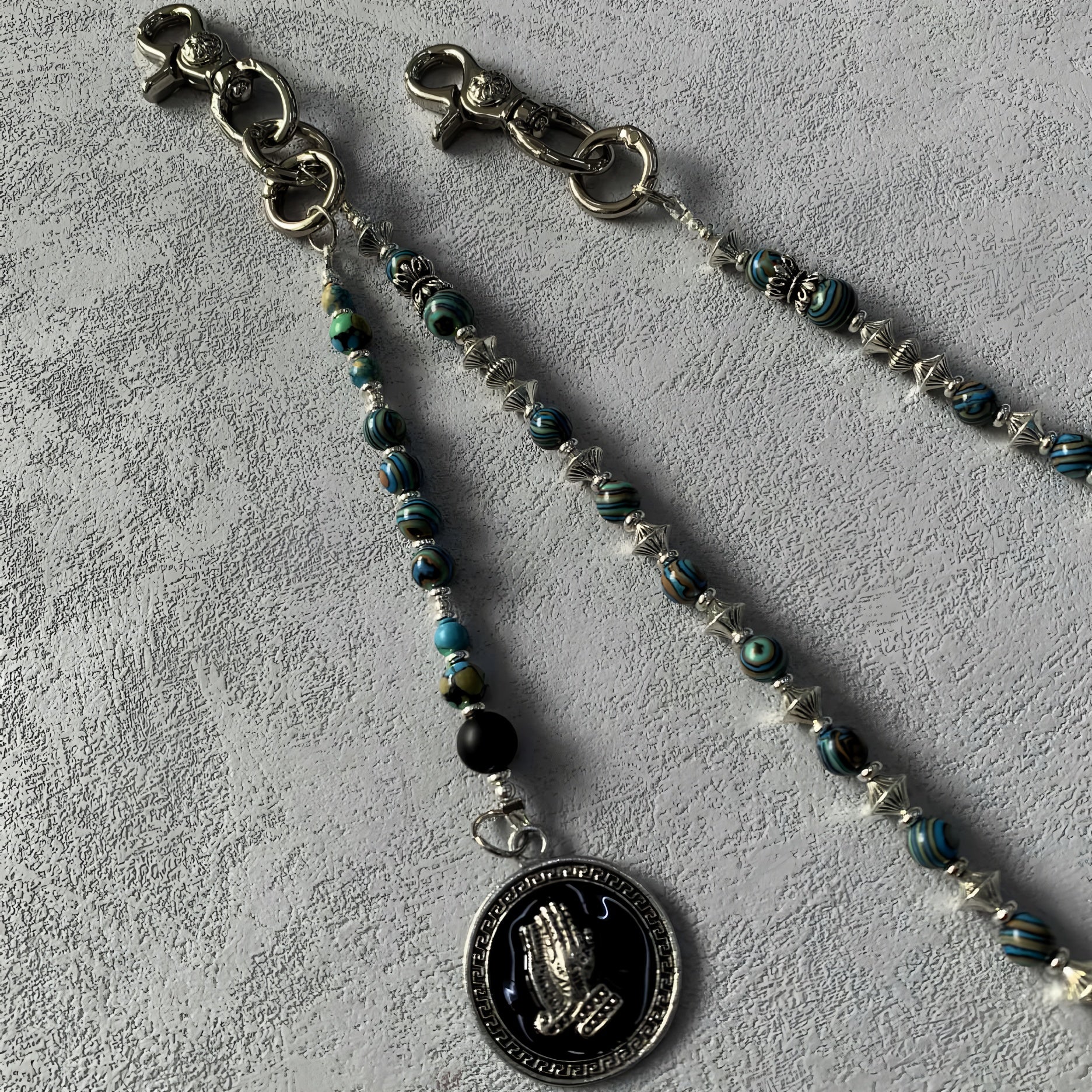 Turquoise, black and silver hand-stitched trouser chain