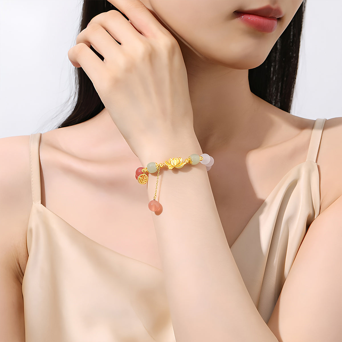 S925 Silver Gradient Pink Lotus Jade Bracelet£¨Bead width 8mm£©