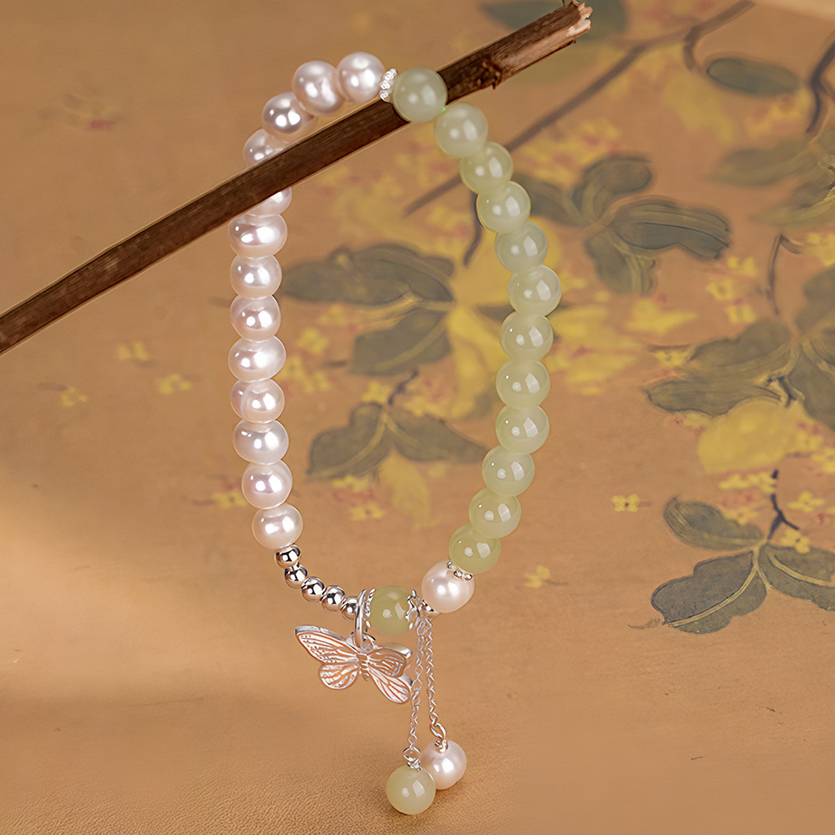 New Chinese style Hetian jade pearl butterfly jade bracelet£¨Bead width 6mm£©