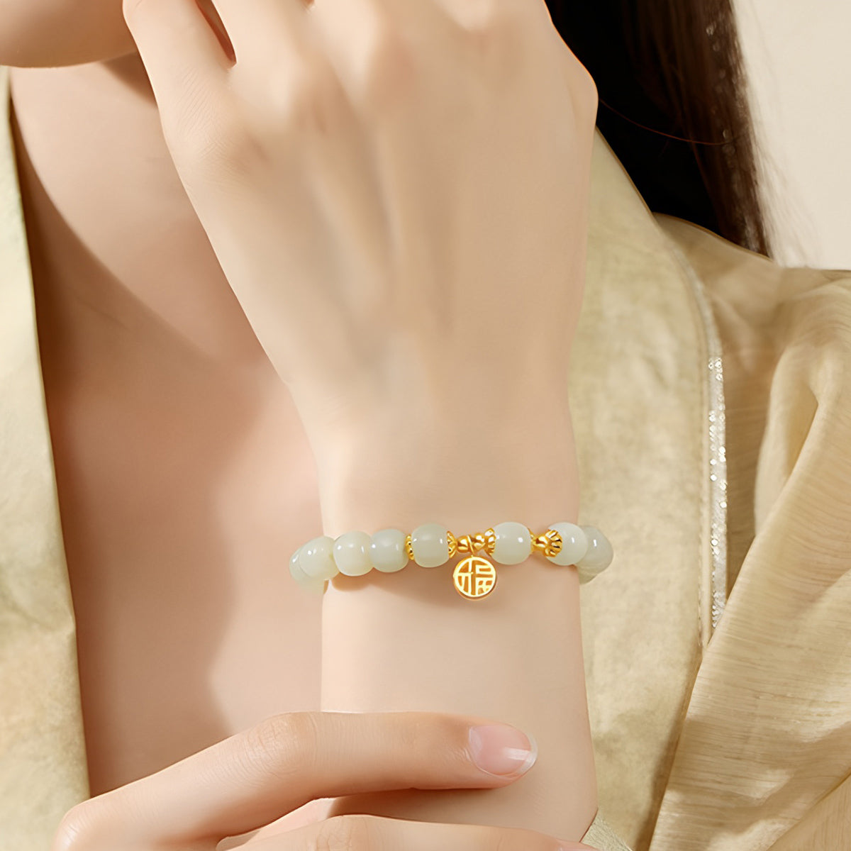 Natural Hetian jade blessing brand green jade bead bracelet£¨ Bead Width 8mm £©
