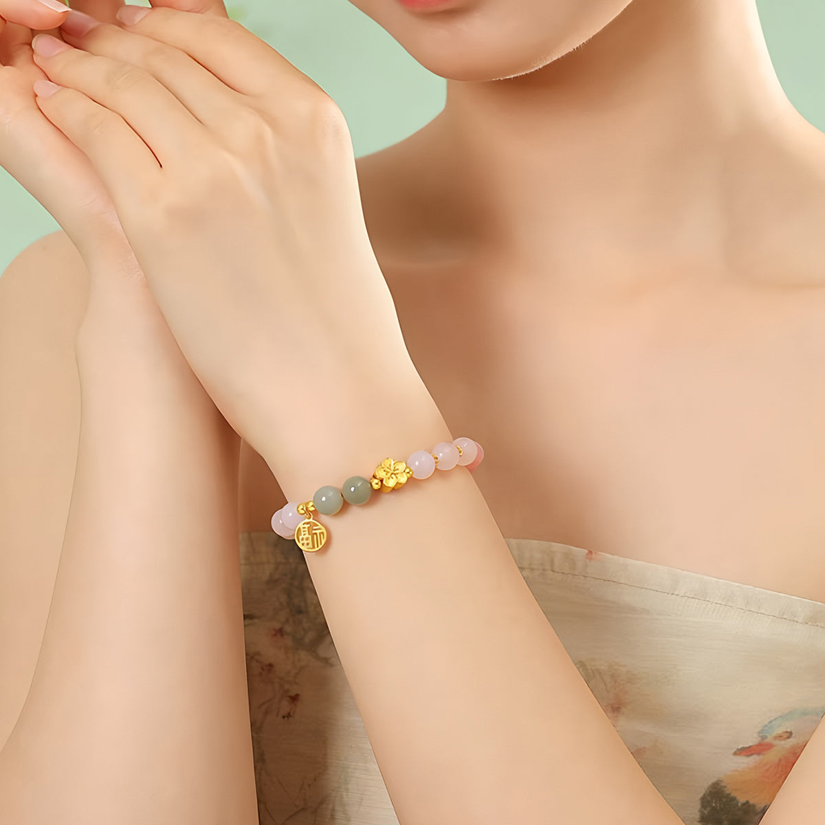 S925 silver natural agate pink jade beaded bracelet