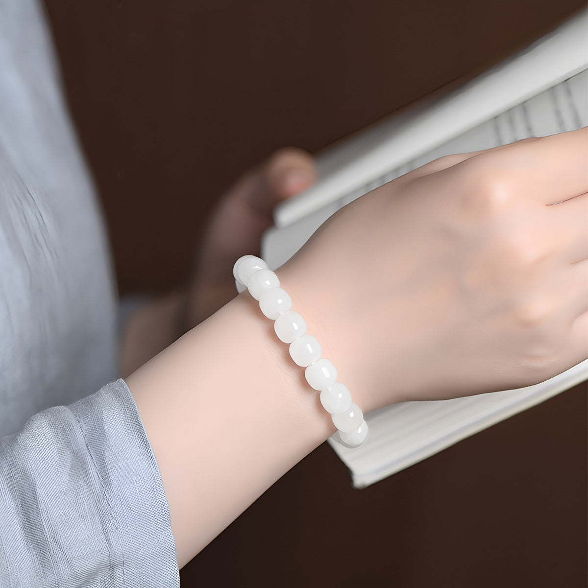 Natural Hetian white jade beaded bracelet