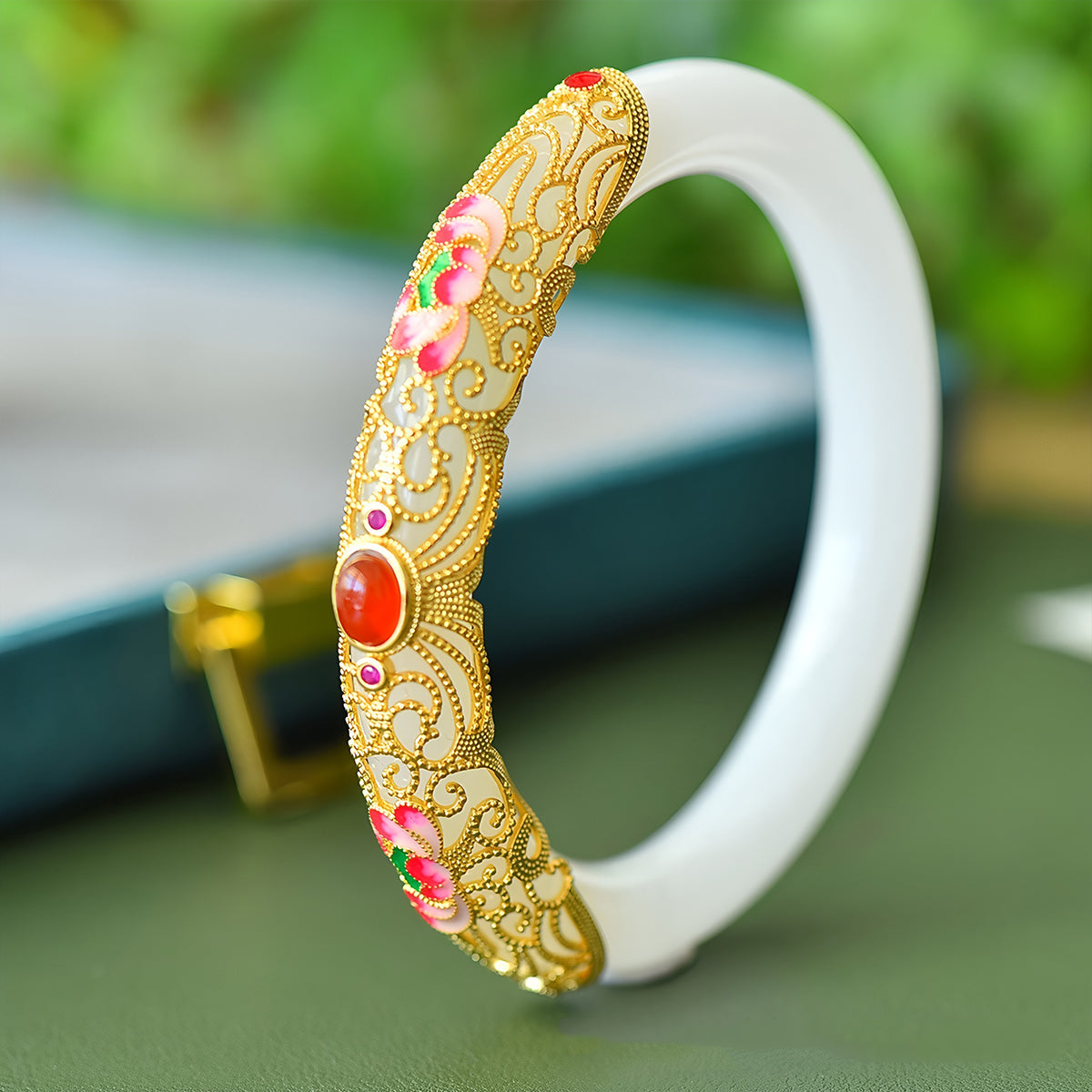 Natural hand-inlaid white jade bracelet