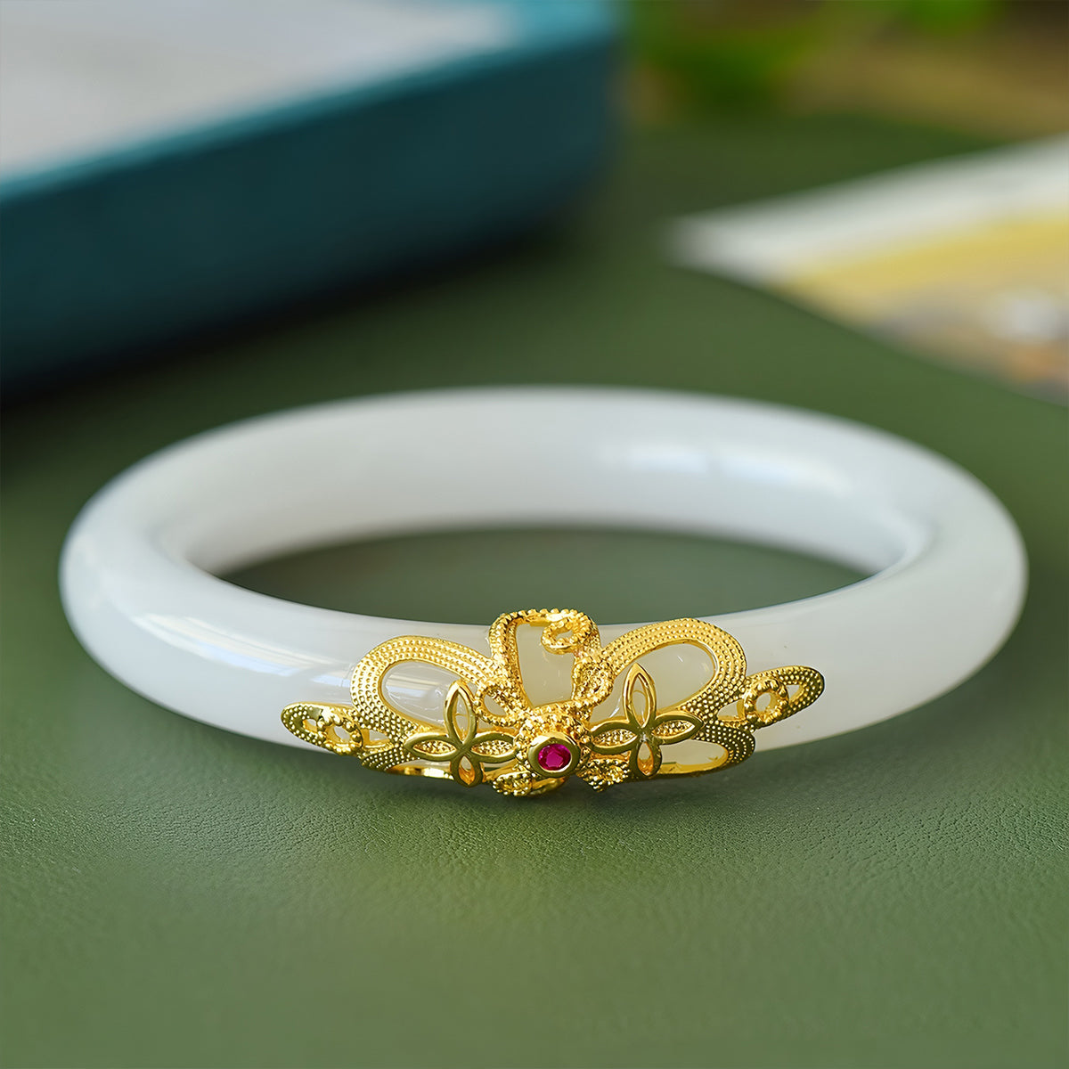 Natural hand-inlaid white jade bracelet 03